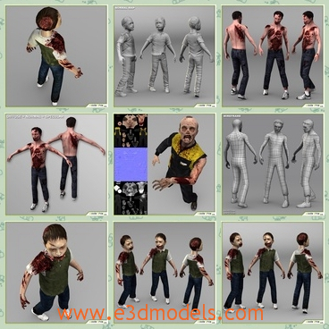 3d models of zombies package - These 3d models are about some zombies which are dull and tough and has ugly faces.The models are a low poly composed by quads and triangles distributed across the topology in a well balanced way.