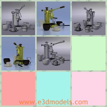 3d model the coffee machine - This is a 3d model of the coffee machine,which is modern and convenient.The machine  is a small collection, consisting of a Pavoni style Espresso machine, 2 coffee mugs, a demitasse mug, saucer, frothing pitcher, and an espresso carafe.