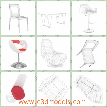 3d model a collection of chairs - This is a 3d model of a collection of chairs.There shows different shapes in the model.We can find:hocker chair,leather chair,table and sofas.