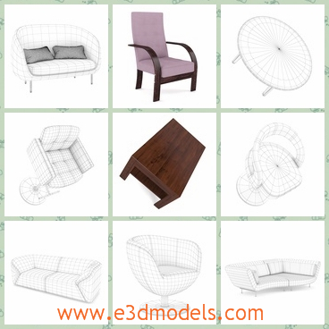 3d model a collection of furnitures - This is a 3d model of a collection of furnitures,which includes round tables,armchairs,couch and sofa.