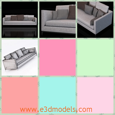 3d model a long couch in the living room - This is a 3d model about a long couch,which has several bolsters on it.The color is very suitable.