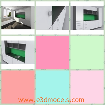 3d model a simple modern kitchen - This is a 3d model about the simple modern kitchen with modern design,which has sink and shelf with it and the green color is outstanding in it.