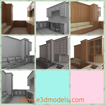 3d model kitchen cabinet - This is a 3d model of a Kitchen Cabine,the cupboard is archaic with the hollow decoration on it.The other accesories in this room are also unique to see.