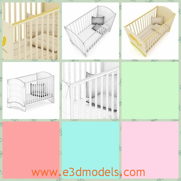 3d model of a baby crib - This is a 3d model which is about a baby crib. This baby crib is very deep and has rails on four sides. In it we can see two pillows.