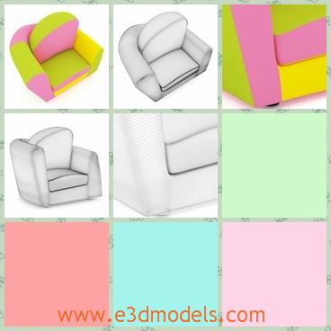 3d model of a child armchair - This 3d model is about a cute armchair for little children. This armchair is very soft and has thick cushions with purple and yellow stripes.