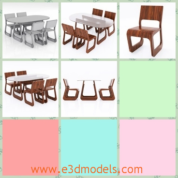 3d model of a dining table and chairs - This 3d model is about a long dining table and four chairs.The table is not very tall nor very large. It has a glass surface and around it there are four wooden chairs