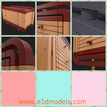 3d model of a dresser - There we have a 3d model which is about a modern dresser made of wood. This dresser has yellow and brown colors and is very long and has several drawers.