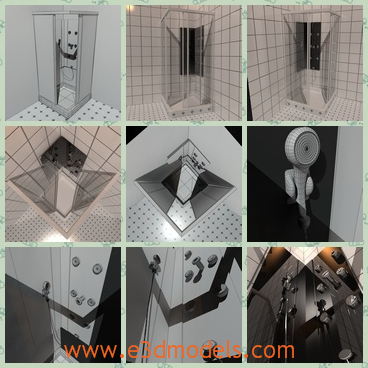 3d model of a shower stall - This 3d model is about a shower stall which has a round plastic shower nozzle and two glass walls. This is often installed in a hotel.