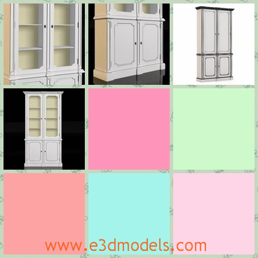 3d model of a white bookcase - There is a 3d model which is about a white bookcase. This bookcase is very tall and it has two glass doors and two wooden doors.