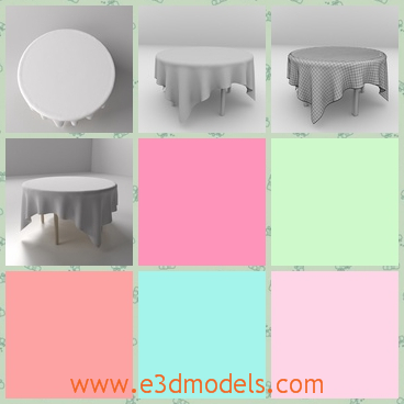 3d model of table and tablecloth - This 3d model is about a big round table which is covered by a large white tablecloth. This table has four thin legs.
