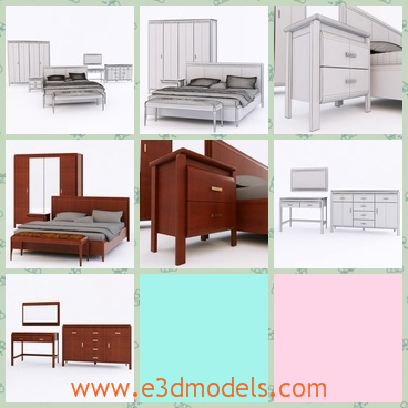 3d model the bedroom in wood - This is a 3d model of the wooden bedroom,which include the chest and the desk,as well as the bed.The furniture are painted in dark brown.