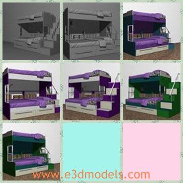 3d model the bunk bed - This is a 3d model of the bunk bed,which is made in double.The bed has purple sheets on it and it is tidy and clean.