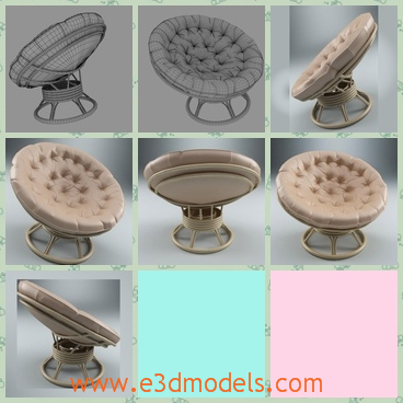 3d model the chair looks like a cookie - This is a 3d model of the chair,which looks like the cookie at first sight.The chair is round and modern.All colors of the chair can be easily modified.The object are logically named for ease of scene management.