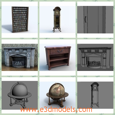 3d model the collection of antique stuffs - This is a 3d model of the collection of antique stuffs,which includes the bookshelf,the shelf,the chest,the dining table,the sofa and armchair.