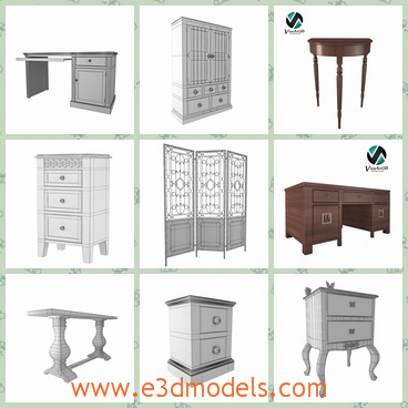 3d model the collection of furnitures - This is a 3d model of the collection of furnitures,which includes the chair,the table,the desk,the cabinet and the screen.