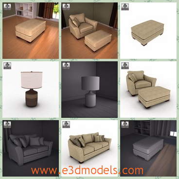 3d model the furniture in the livingroom - This is a 3d model of the furniture in the livingroom,which is modern and comfortable.The model includes the lamp,the sofa,the stool and the table.