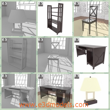 3d model the furniture in the office - This is a 3d model of the furniture in the office,which includes the chair,the table,the lamp and the shelves.