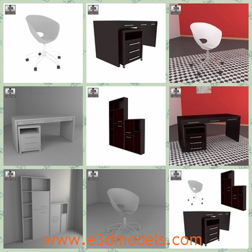 3d model the furniture in the office - This is a 3d model of the furniture in the office,which includes the desk,the chair,the shelf and the red wall.