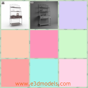 3d model the iron shelf - This is a 3d model of the iron shelf,which has two drawers with it.The model has two bottles of wine.