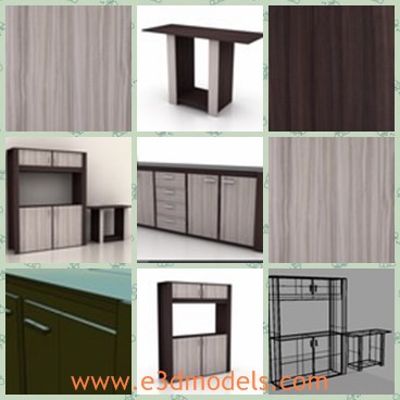 3d model the kitchen - This is a 3d model of the modern and clean kitchen,which contains a cabinet, a table and the curtain.