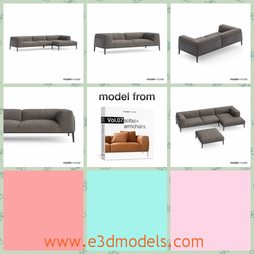 3d model the long couch - THis is a 3d model of the long couch,which is usually placed in the corner.The The set includes 2-seat sofa, sofa with lounge unit and pouf. The model is made with attention to details.