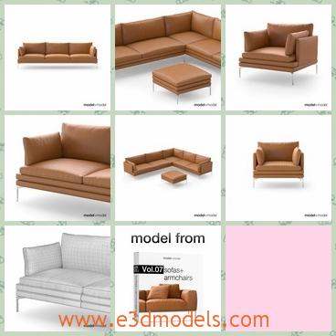 3d model the modern armchair - This is a 3d model of the modern armchair,which is made with the leather materials.The set includes armchair, 3-seat sofa, corner sofa and pouf.