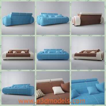 3d model the modern sofa in blue - This is a 3d model of the modern sofa in blue,which is long and presented with several pillows.The sofa is fine and preyyt good to put in the living room.