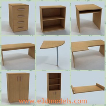 3d model the office furniture - This is a 3d model of the office furniture,which is made of wooden materials.The model contains the table,the cabinet,the bookshelf and the desk.