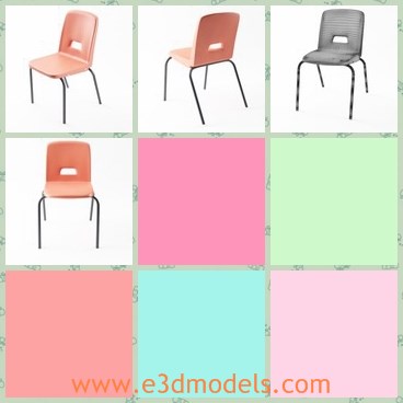 3d model the pink chair - This is a 3d model of the pink chair,which is armless and stackable.The chair has four legs and there is a hole on the back.