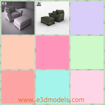3d model the single armchair - This is a 3d model about the single armchair,which is presented with a footstool besides it and the chair has a thick cushion.