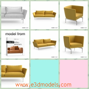 3d model the sofa in yellow - This is a 3d model of the sofa in  yellow,which is special due to the thin legs and the high arms.