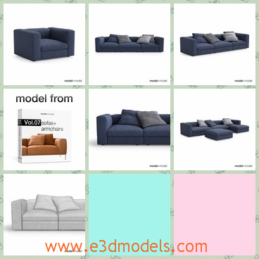 3d model the sofa with pillows - This is a 3d model of the sofa with pillows,which is modern and comtemporary.The set includes armchair, 3-seat sofa, sofa with lounge unit and pouf.