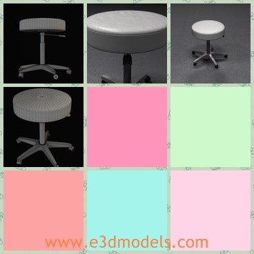 3d model the stool with a leather cover - This is a 3d model of the stool with a leather cover,which is usually the doctor's or dentist's stool. Model includes, detailed wheels, pneumatic lever, and leather padded seat.