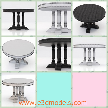 3d model the table – round face - This is a 3d model of the round table,which has fours legs and one base.The model is ornamented with fine materials.