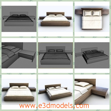 3d model the wooden bed - This is a 3d model of the bamboo bed with pillows on it.The model has two nightstands on each side of the bed,which is convenient to use.