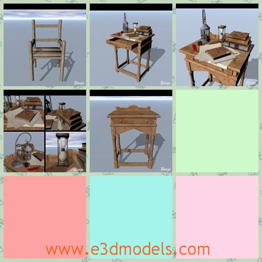 3d model the wooden chair and desk - This is a 3d model of the wooden chair and desk,which has the book and lantern on the desk.The model is old and unique.
