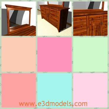 3d model the wooden dresser with a mirror - This is a 3d model of the wooden dresser with a mirror,which is placed besides the wall and the mirror is big and tidy.