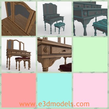 3d model the wooden table - This is a 3d model of the wooden table,which is fine and classic and charming.The model is presented with a chair and a bench.The model is made with a mirror.