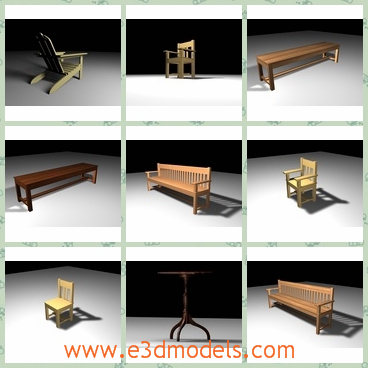 3d models of furniture pack - This 3d model is about some furniture. Here we can see a long bench and a small chair and so on.