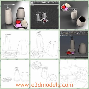 3d mode stuffs in the bathroom - This is a 3d model of the stuffs in the bathroom,which contains the bottles,the cups,the plate,the dish and the soap.