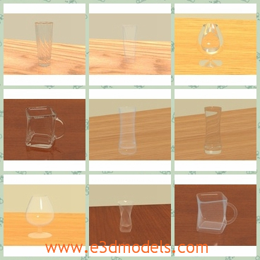 3d model a glass collection - This is a 3d model of a glass collection,which has several shapes within it.The model includes the drinking glasses and wine glasses as well.