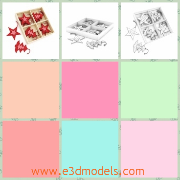 3d model of a box of Christmas decorations - There is a 3d model which is about a box of Christmas decorations. In the box we can see red stars and Christmas trees which are very small.