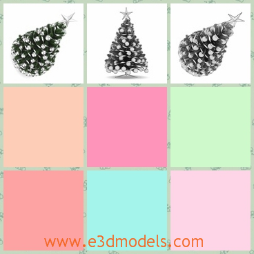 3d model of a Christmas tree - There is 3d model which is about a sliver Christmas tree. On the green surface we can see countless sliver balls and long sliver stripes.
