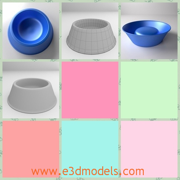 3d model of a dog bowl - This is a 3d model about a dog bowl. The dog bowl has blue color and it is made of light plastic with an indentation in the center.It has a big base which makes it very steady.