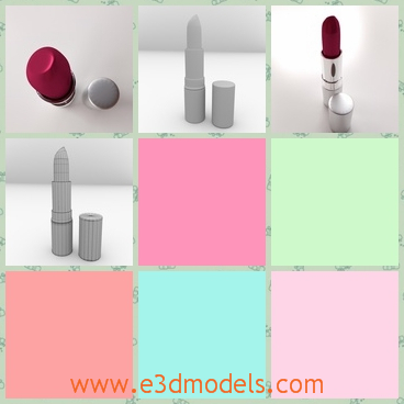 3d model of a lipstick - This 3d model is about a lipstick which can dyre your lips with hot red color. It has a small lid with glisten sliver surface. All scenes are include in blend files.