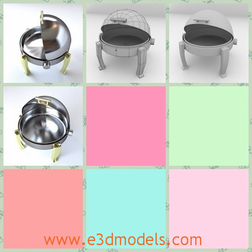 3d model of a round chafing dish - This 3d model is about a round chafing dish. This chafing dish is made of stainless steel and it has a shiny sliver surface and it has four legs.