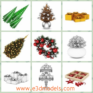 3d model of Christmas decorative items C4D - There are some 3d models about many colorful Christmas decorative items. There we can see three different Christmas trees and a pretty Christmas wreaths, gifts and etc.