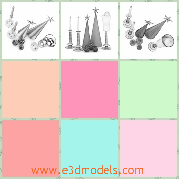 3d model of Christmas table decorations - Here is a 3d model which is about several Christmas table decorations. There we can see two fancy hats with star on the sharp ends. We can alos see other baubles.