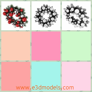 3d model of Christmas wreath with red balls - This 3d model is about a fancy Christmas wreath which is green and on it we can see many red balls.
