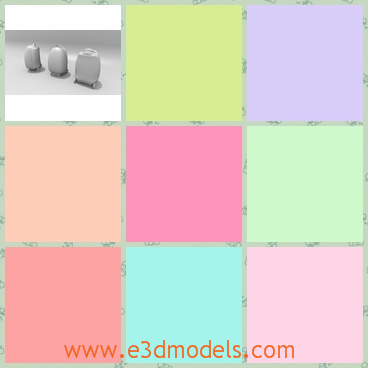 3d model of hard suitcases - This is a 3d model which is about three hard suitcases which have oval shapes and smooth surfaces. They have four small wheels on the bottom.